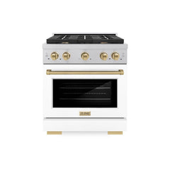 ZLINE Autograph Edition 30 in. 4.2 cu. ft. Paramount Gas Range with 4 Burner Cooktop and Convection Gas Oven in Satin Stainless Steel with White Matte Door and Champagne Bronze Accents - SGRSZ-WM-30-CB - The Home Selection