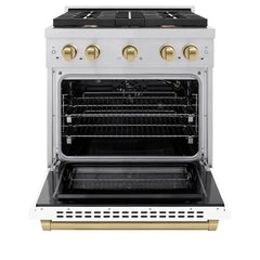 ZLINE Autograph Edition 30 in. 4.2 cu. ft. Paramount Gas Range with 4 Burner Cooktop and Convection Gas Oven in Satin Stainless Steel with White Matte Door and Champagne Bronze Accents - SGRSZ-WM-30-CB - The Home Selection