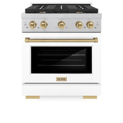 ZLINE Autograph Edition 30 in. 4.2 cu. ft. Paramount Gas Range with 4 Burner Cooktop and Convection Gas Oven in Satin Stainless Steel with White Matte Door and Champagne Bronze Accents - SGRSZ-WM-30-CB - The Home Selection
