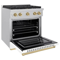 ZLINE Autograph Edition 30 in. 4.2 cu. ft. Paramount Gas Range with 4 Burner Cooktop and Convection Gas Oven in Satin Stainless Steel with White Matte Door and Champagne Bronze Accents - SGRSZ-WM-30-CB - The Home Selection