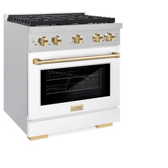ZLINE Autograph Edition 30 in. 4.2 cu. ft. 4 Burner Paramount Gas Range with Convection Gas Oven in Satin Stainless Steel with White Matte Door and Polished Gold Accents - SGRSZ-WM-30-G - The Home Selection