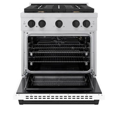 ZLINE Autograph Edition 30 in. 4.2 cu. ft. Paramount Gas Range with 4 Burner Cooktop and Convection Gas Oven in Satin Stainless Steel with White Matte Door and Matte Black Accents - SGRSZ-WM-30-MB - The Home Selection