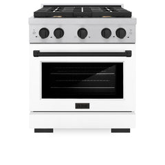 ZLINE Autograph Edition 30 in. 4.2 cu. ft. Paramount Gas Range with 4 Burner Cooktop and Convection Gas Oven in Satin Stainless Steel with White Matte Door and Matte Black Accents - SGRSZ-WM-30-MB - The Home Selection