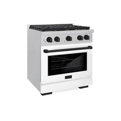 ZLINE Autograph Edition 30 in. 4.2 cu. ft. Paramount Gas Range with 4 Burner Cooktop and Convection Gas Oven in Satin Stainless Steel with White Matte Door and Matte Black Accents - SGRSZ-WM-30-MB - The Home Selection