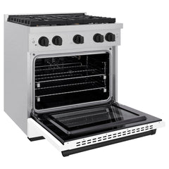 ZLINE Autograph Edition 30 in. 4.2 cu. ft. Paramount Gas Range with 4 Burner Cooktop and Convection Gas Oven in Satin Stainless Steel with White Matte Door and Matte Black Accents - SGRSZ-WM-30-MB - The Home Selection