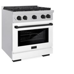 ZLINE Autograph Edition 30 in. 4.2 cu. ft. Paramount Gas Range with 4 Burner Cooktop and Convection Gas Oven in Satin Stainless Steel with White Matte Door and Matte Black Accents - SGRSZ-WM-30-MB - The Home Selection
