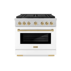 ZLINE Autograph Edition 36 in. 5.2 cu. ft. Paramount Gas Range with 6 Burner Cooktop and Convection Gas Oven in Satin Stainless Steel with White Matte Door and Champagne Bronze Accents - SGRSZ-WM-36-CB - The Home Selection