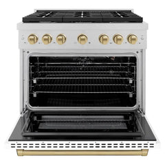 ZLINE Autograph Edition 36 in. 5.2 cu. ft. Paramount Gas Range with 6 Burner Cooktop and Convection Gas Oven in Satin Stainless Steel with White Matte Door and Champagne Bronze Accents - SGRSZ-WM-36-CB - The Home Selection
