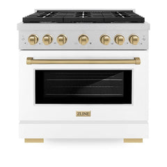 ZLINE Autograph Edition 36 in. 5.2 cu. ft. Paramount Gas Range with 6 Burner Cooktop and Convection Gas Oven in Satin Stainless Steel with White Matte Door and Champagne Bronze Accents - SGRSZ-WM-36-CB - The Home Selection