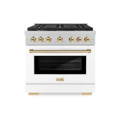 ZLINE Autograph Edition 36 in. 5.2 cu. ft. Paramount Gas Range with 6 Burner Cooktop and Convection Gas Oven in Satin Stainless Steel with White Matte Door and Polished Gold Accents - SGRSZ-WM-36-G - The Home Selection