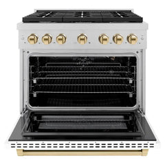 ZLINE Autograph Edition 36 in. 5.2 cu. ft. Paramount Gas Range with 6 Burner Cooktop and Convection Gas Oven in Satin Stainless Steel with White Matte Door and Polished Gold Accents - SGRSZ-WM-36-G - The Home Selection
