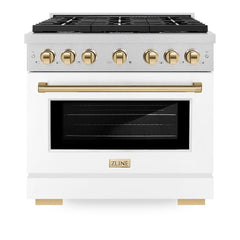 ZLINE Autograph Edition 36 in. 5.2 cu. ft. Paramount Gas Range with 6 Burner Cooktop and Convection Gas Oven in Satin Stainless Steel with White Matte Door and Polished Gold Accents - SGRSZ-WM-36-G - The Home Selection
