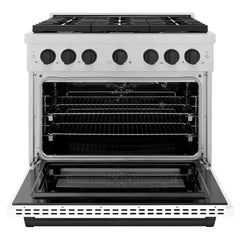 ZLINE Autograph Edition 36 in. 5.2 cu. ft. Paramount Gas Range with 6 Burner Cooktop and Convection Gas Oven in Satin Stainless Steel with White Matte Door and Matte Black Accents - SGRSZ-WM-36-MB - The Home Selection