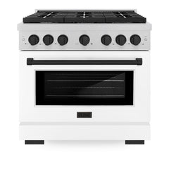 ZLINE Autograph Edition 36 in. 5.2 cu. ft. Paramount Gas Range with 6 Burner Cooktop and Convection Gas Oven in Satin Stainless Steel with White Matte Door and Matte Black Accents - SGRSZ-WM-36-MB - The Home Selection