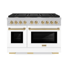 ZLINE Autograph Edition 48 in. 6.7 cu. ft. Paramount Double Oven Gas Range with 8 Burner Cooktop in Satin Stainless Steel with White Matte Doors and Champagne Bronze Accents - SGRSZ-WM-48-CB - The Home Selection