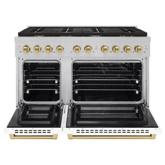 ZLINE Autograph Edition 48 in. 6.7 cu. ft. Paramount Double Oven Gas Range with 8 Burner Cooktop in Satin Stainless Steel with White Matte Doors and Champagne Bronze Accents - SGRSZ-WM-48-CB - The Home Selection