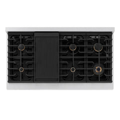 ZLINE Autograph Edition 48 in. 6.7 cu. ft. Paramount Double Oven Gas Range with 8 Burner Cooktop in Satin Stainless Steel with White Matte Doors and Champagne Bronze Accents - SGRSZ-WM-48-CB - The Home Selection