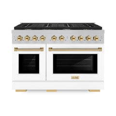 ZLINE Autograph Edition 48 in. 6.7 cu. ft. Paramount Double Oven Gas Range with 8 Burner Cooktop in Satin Stainless Steel with White Matte Doors and Polished Gold Accents