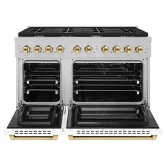 ZLINE Autograph Edition 48 in. 6.7 cu. ft. Paramount Double Oven Gas Range with 8 Burner Cooktop in Satin Stainless Steel with White Matte Doors and Polished Gold Accents