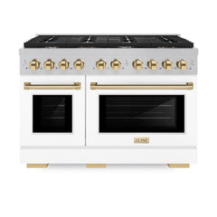 ZLINE Autograph Edition 48 in. 6.7 cu. ft. Paramount Double Oven Gas Range with 8 Burner Cooktop in Satin Stainless Steel with White Matte Doors and Polished Gold Accents