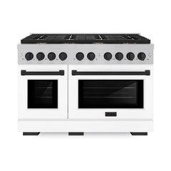 ZLINE Autograph Edition 48 in. 6.7 cu. ft. Paramount Double Oven Gas Range with 8 Burner Cooktop in Satin Stainless Steel with White Matte Doors and Matte Black Accents