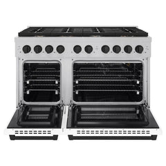ZLINE Autograph Edition 48 in. 6.7 cu. ft. Paramount Double Oven Gas Range with 8 Burner Cooktop in Satin Stainless Steel with White Matte Doors and Matte Black Accents