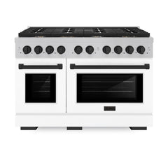 ZLINE Autograph Edition 48 in. 6.7 cu. ft. Paramount Double Oven Gas Range with 8 Burner Cooktop in Satin Stainless Steel with White Matte Doors and Matte Black Accents