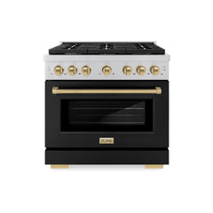 ZLINE Autograph Edition 36 in. 5.2 cu. ft. Paramount Dual Fuel Range with 6 Burner Gas Cooktop and Electric Convection Oven in Stainless Steel with Black Matte Door and Champagne Bronze Accents
