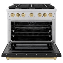ZLINE Autograph Edition 36 in. 5.2 cu. ft. Paramount Dual Fuel Range with 6 Burner Gas Cooktop and Electric Convection Oven in Stainless Steel with Black Matte Door and Champagne Bronze Accents