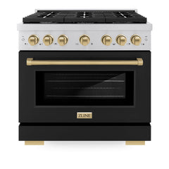 ZLINE Autograph Edition 36 in. 5.2 cu. ft. Paramount Dual Fuel Range with 6 Burner Gas Cooktop and Electric Convection Oven in Stainless Steel with Black Matte Door and Champagne Bronze Accents