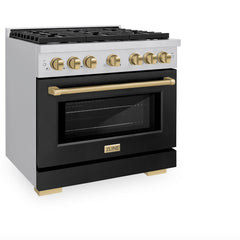 ZLINE Autograph Edition 36 in. 5.2 cu. ft. Paramount Dual Fuel Range with 6 Burner Gas Cooktop and Electric Convection Oven in Stainless Steel with Black Matte Door and Champagne Bronze Accents