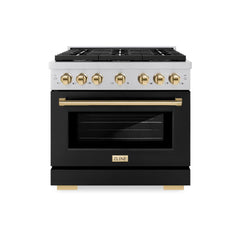 ZLINE Autograph Edition 36 in. 5.2 cu. ft. Paramount Dual Fuel Range with 6 Burner Gas Cooktop and Electric Convection Oven in Stainless Steel with Black Matte Door and Polished Gold Accents