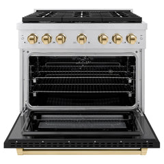 ZLINE Autograph Edition 36 in. 5.2 cu. ft. Paramount Dual Fuel Range with 6 Burner Gas Cooktop and Electric Convection Oven in Stainless Steel with Black Matte Door and Polished Gold Accents