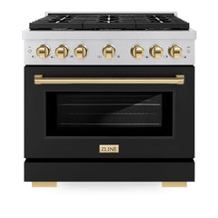 ZLINE Autograph Edition 36 in. 5.2 cu. ft. Paramount Dual Fuel Range with 6 Burner Gas Cooktop and Electric Convection Oven in Stainless Steel with Black Matte Door and Polished Gold Accents