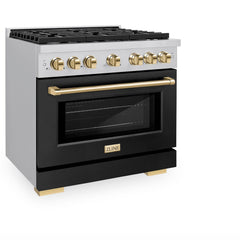 ZLINE Autograph Edition 36 in. 5.2 cu. ft. Paramount Dual Fuel Range with 6 Burner Gas Cooktop and Electric Convection Oven in Stainless Steel with Black Matte Door and Polished Gold Accents