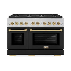 ZLINE Autograph Edition 48 in. 6.7 cu. ft. Paramount Double Oven Dual Fuel Range with 8 Burner Gas Cooktop in Stainless Steel with Black Matte Doors and Champagne Bronze Accents
