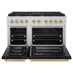 ZLINE Autograph Edition 48 in. 6.7 cu. ft. Paramount Double Oven Dual Fuel Range with 8 Burner Gas Cooktop in Stainless Steel with Black Matte Doors and Champagne Bronze Accents