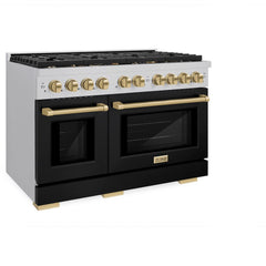ZLINE Autograph Edition 48 in. 6.7 cu. ft. Paramount Double Oven Dual Fuel Range with 8 Burner Gas Cooktop in Stainless Steel with Black Matte Doors and Champagne Bronze Accents