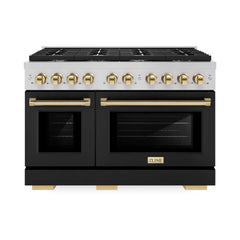 ZLINE Autograph Edition 48 in. 6.7 cu. ft. Paramount Double Oven Dual Fuel Range with 8 Burner Gas Cooktop in Stainless Steel with Black Matte Doors and Polished Gold Accents