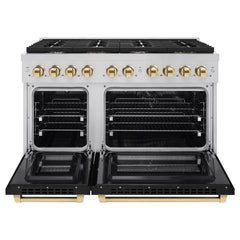 ZLINE Autograph Edition 48 in. 6.7 cu. ft. Paramount Double Oven Dual Fuel Range with 8 Burner Gas Cooktop in Stainless Steel with Black Matte Doors and Polished Gold Accents