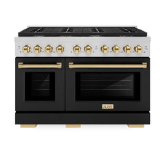 ZLINE Autograph Edition 48 in. 6.7 cu. ft. Paramount Double Oven Dual Fuel Range with 8 Burner Gas Cooktop in Stainless Steel with Black Matte Doors and Polished Gold Accents