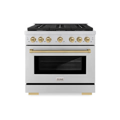 ZLINE Autograph Edition 36 in. 5.2 cu. ft. Paramount Dual Fuel Range with 6 Burner Gas Cooktop and Electric Convection Oven in Stainless Steel with Champagne Bronze Accents - SDRZ-36-CB - The Home Selection