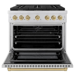 ZLINE Autograph Edition 36 in. 5.2 cu. ft. Paramount Dual Fuel Range with 6 Burner Gas Cooktop and Electric Convection Oven in Stainless Steel with Champagne Bronze Accents - SDRZ-36-CB - The Home Selection