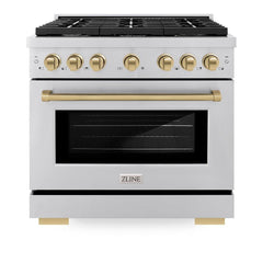 ZLINE Autograph Edition 36 in. 5.2 cu. ft. Paramount Dual Fuel Range with 6 Burner Gas Cooktop and Electric Convection Oven in Stainless Steel with Champagne Bronze Accents - SDRZ-36-CB - The Home Selection