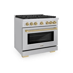 ZLINE Autograph Edition 36 in. 5.2 cu. ft. Paramount Dual Fuel Range with 6 Burner Gas Cooktop and Electric Convection Oven in Stainless Steel with Champagne Bronze Accents - SDRZ-36-CB - The Home Selection