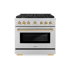 ZLINE Autograph Edition 36 in. 5.2 cu. ft. Paramount Dual Fuel Range with 6 Burner Gas Cooktop and Electric Convection Oven in Stainless Steel with Polished Gold Accents - SDRZ-36-G - The Home Selection