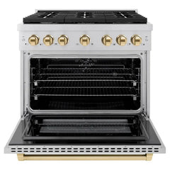 ZLINE Autograph Edition 36 in. 5.2 cu. ft. Paramount Dual Fuel Range with 6 Burner Gas Cooktop and Electric Convection Oven in Stainless Steel with Polished Gold Accents - SDRZ-36-G - The Home Selection