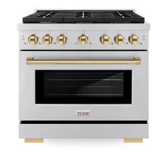 ZLINE Autograph Edition 36 in. 5.2 cu. ft. Paramount Dual Fuel Range with 6 Burner Gas Cooktop and Electric Convection Oven in Stainless Steel with Polished Gold Accents - SDRZ-36-G - The Home Selection