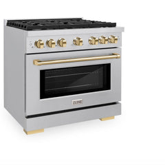ZLINE Autograph Edition 36 in. 5.2 cu. ft. Paramount Dual Fuel Range with 6 Burner Gas Cooktop and Electric Convection Oven in Stainless Steel with Polished Gold Accents - SDRZ-36-G - The Home Selection