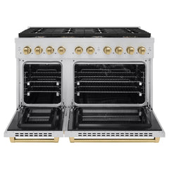 ZLINE Autograph Edition 48 in. 6.7 cu. ft. Paramount Double Oven Dual Fuel Range with 8 Burner Gas Cooktop in Stainless Steel and Champagne Bronze Accents